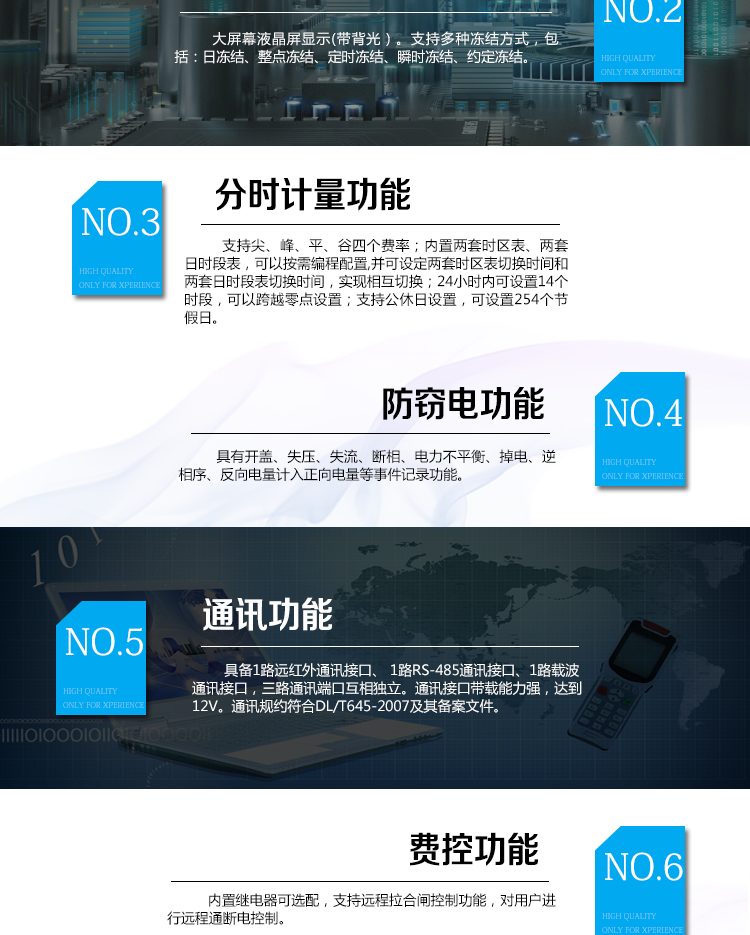 海興DDSI208單相電能表主要功能
　　計(jì)量功能
　　具有支持正反向有功、四象限無(wú)功電能、組合無(wú)功電能，支持正反向有功最大需量、四象限無(wú)功最大需量、組合無(wú)功最大需量，支持多費(fèi)率計(jì)量。
　　分時(shí)計(jì)量功能
　　支持尖、峰、平、谷四個(gè)費(fèi)率;內(nèi)置兩套時(shí)區(qū)表、兩套日時(shí)段表，可以按需編程配置,并可設(shè)定兩套時(shí)區(qū)表切換時(shí)間和兩套日時(shí)段表切換時(shí)間，實(shí)現(xiàn)相互切換;24小時(shí)內(nèi)可設(shè)置14個(gè)時(shí)段，可以跨越零點(diǎn)設(shè)置;支持公休日設(shè)置，可設(shè)置254個(gè)節(jié)假日。
　　測(cè)量功能
　　能測(cè)量電壓、電流、功率以及功率因數(shù)等電網(wǎng)參數(shù)，零線電流測(cè)量功能可選配。測(cè)量準(zhǔn)確度高，可以達(dá)到1級(jí)以內(nèi)標(biāo)準(zhǔn)。
　　數(shù)據(jù)存儲(chǔ)功能
　　支持多種凍結(jié)方式，包括：日凍結(jié)、整點(diǎn)凍結(jié)、定時(shí)凍結(jié)、瞬時(shí)凍結(jié)、約定凍結(jié)。
　　事件記錄功能
　　分別記錄最近10次掉電、編程、校時(shí)、開表蓋、跳閘、合閘、事件清零、電表清零。
　　通信功能
　　具備1路遠(yuǎn)紅外通訊接口、 1路RS-485通訊接口、1路載波通訊接口，三路通訊端口互相獨(dú)立。通訊接口帶載能力強(qiáng)，達(dá)到12V。通訊規(guī)約符合DL/T645-2007及其備案文件。
　　費(fèi)控功能
　　內(nèi)置繼電器可選配，支持遠(yuǎn)程拉合閘控制功能，對(duì)用戶進(jìn)行遠(yuǎn)程通斷電控制。
　　用戶交互界面
　　采用大屏幕液晶顯示，提供豐富的圖形或文字提示信息;顯示內(nèi)容可通過(guò)按鍵循環(huán)查詢，顯示項(xiàng)目可通過(guò)通信口按需配置;提供液晶背光，方便查看。支持停電喚醒功能，能通過(guò)按鍵或非接觸方式喚醒電能表，實(shí)現(xiàn)屏幕顯示抄讀電量和紅外通信口抄讀電量等數(shù)據(jù)。