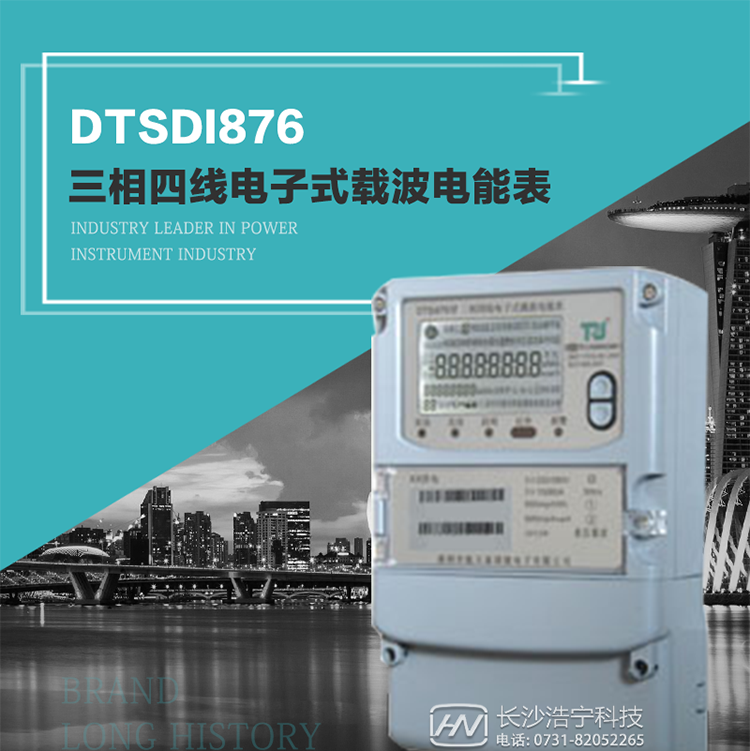 產(chǎn)品型號(hào)：DTSDI876 型三相四線電子式載波電能表
精度等級(jí)：有功1級(jí),無功2級(jí) 
額定電壓： 3×100V 、 3×57.7/100V、 3×220/380V 
額定電流： 0.3(1.2)A～30(100)A 
頻 率： 50HZ 
工作溫度：-40℃～+70℃ 
顯示方式： 液晶 
整機(jī)功耗： 
重量： 約2.3kg 
外形尺寸： 265mm?170mm?75mm