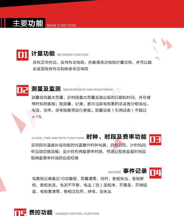 主要功能
1. 　電能計(jì)量
具有正向有功、反向有功電能、四象限無(wú)功電能計(jì)量功能，并可以據(jù)此設(shè)置組合有功和組合無(wú)功電能。
2. 　需量計(jì)量
測(cè)量雙向最大需量、分時(shí)段最大需量及其出現(xiàn)的日期和時(shí)間，并存儲(chǔ)帶時(shí)標(biāo)的數(shù)據(jù)。
3. 　測(cè)量及監(jiān)測(cè)
能測(cè)量、記錄、顯示當(dāng)前電能表的總及各分相電壓、電流、功率、功率因數(shù)等運(yùn)行參數(shù)。測(cè)量誤差（引用誤差）不超過(guò)±1%。
4. 　時(shí)鐘、時(shí)段及費(fèi)率功能
采用具有溫度補(bǔ)償功能的內(nèi)置硬件時(shí)鐘電路，具有日歷、計(jì)時(shí)和閏年自動(dòng)切換功能。內(nèi)部時(shí)鐘端子輸出頻率為1Hz。至少具有兩套費(fèi)率時(shí)段，可通過(guò)預(yù)先設(shè)置時(shí)間實(shí)現(xiàn)兩套費(fèi)率時(shí)段的自動(dòng)切換。每套費(fèi)率時(shí)段全年至少可設(shè)置2個(gè)時(shí)區(qū)，24小時(shí)內(nèi)至少可以設(shè)置8個(gè)時(shí)段，時(shí)段最小間隔為15分鐘，并且時(shí)段間隔大于表內(nèi)設(shè)定的需量周期值，時(shí)段可跨越零點(diǎn)設(shè)置。
5. 　費(fèi)控功能 
電能表費(fèi)控功能的實(shí)現(xiàn)方式通過(guò)公網(wǎng)等虛擬介質(zhì)和遠(yuǎn)程售電系統(tǒng)實(shí)現(xiàn)。
6. 　 載波通信
在載波集中器和主站系統(tǒng)的配合下，可通過(guò)載波，按設(shè)定的采集方案定時(shí)數(shù)據(jù)采集，并可實(shí)時(shí)監(jiān)測(cè)電表運(yùn)行狀態(tài)。
7. 　事件記錄
電表能記錄最近10次編程、需量清零、校時(shí)、各相失壓、各相斷相、各相失流、電流不平衡、電壓（流）逆相序、開(kāi)表蓋、開(kāi)端鈕蓋、電能表清零、各相過(guò)負(fù)荷、掉電、全失壓。
8. 　凍結(jié)
具有定時(shí)凍結(jié)、瞬時(shí)凍結(jié)、約定凍結(jié)和日凍結(jié)功能。
9.　 負(fù)荷記錄
記錄正反向有功總電能、無(wú)功總電能、四象限無(wú)功總電能、組合有功、組合無(wú)功1、組合無(wú)功2，負(fù)荷記錄間隔時(shí)間可以在1～60min范圍內(nèi)設(shè)置，時(shí)間間隔為1min的情況下可記錄不少于40天的數(shù)據(jù)容量。
10. 　停電抄表
在停電狀態(tài)下，能通過(guò)按鍵或非接觸方式喚醒電能表，抄讀電能量等數(shù)據(jù)。
11. 擴(kuò)展功能
計(jì)量視在電能、諧波電壓、電流、電量的監(jiān)測(cè)、電能質(zhì)量監(jiān)測(cè)和計(jì)算鐵損、銅損。 