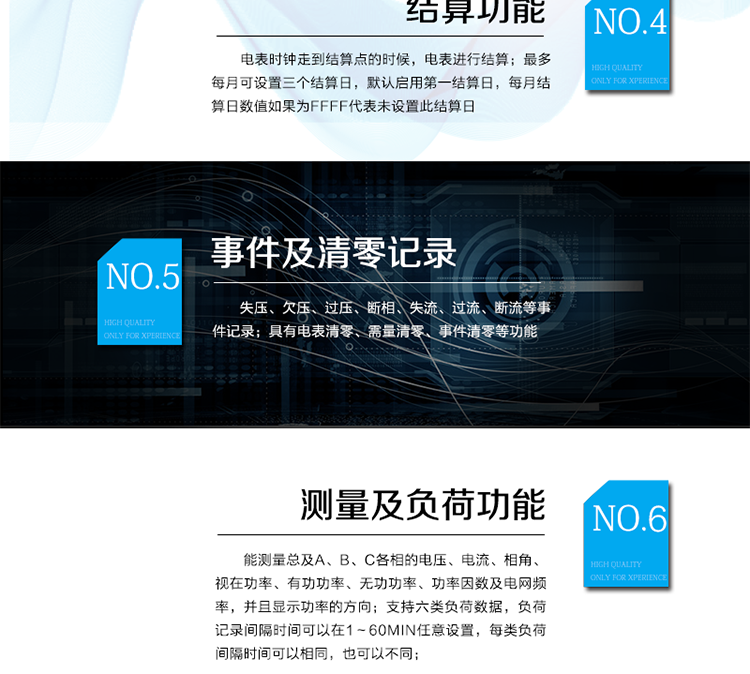 2.3需量計量
 能夠計量正、反向有功，正、反向視在，1、2、3、4象限無功，組合無功1、2的最大需量和發(fā)生時間。
 需量周期和滑差時間可在1～60min分鐘范圍內(nèi)設(shè)置，但應(yīng)該滿足：需量周期大于滑差時間且為其的整數(shù)倍，需量周期可在5、10、15、30、60min中選擇；滑差式需量周期的滑差時間可以在1、2、3、5min中選擇。需量周期應(yīng)為滑差時間的5的整倍數(shù)，且該倍數(shù)小于等于15。
 當(dāng)發(fā)生電壓線路上電、時段轉(zhuǎn)換、清零、時鐘調(diào)整、需量周期改變、功率潮流方向轉(zhuǎn)換等情況時，電能表從當(dāng)前時刻開始，按照需量周期進(jìn)行需量測量，當(dāng)?shù)谝粋€需量周期完成后，按滑差間隔開始最大需量記錄。其中，發(fā)生時段轉(zhuǎn)換時，總需量繼續(xù)按滑差測量，分時需量按需量周期重新開始測量。
 在一個不完整的需量周期內(nèi)或修改需量周期時，不做最大需量的記錄。
 能存儲12個結(jié)算日最大需量數(shù)據(jù)。
 需量顯示小數(shù)位數(shù)出廠缺省為4位小數(shù)。
2.4結(jié)算功能
 本表除給出有、無功當(dāng)前總及分時電量、最大需量及其發(fā)生時間外，還存儲了上1到上12個結(jié)算周期的歷史數(shù)據(jù)（包含組合有功、正反向有功、組合無功1和組合無功2、四象限無功、各元件有功、無功總電量以及分時電量；正反向有功、組合無功1和組合無功2、四象限無功的最大需量及其出現(xiàn)時間。）。當(dāng)電表時鐘走到結(jié)算點的時候，電表進(jìn)行結(jié)算。電能表結(jié)算時，先把當(dāng)前的電量、最大需量及其發(fā)生時間存入上一結(jié)算日，再把當(dāng)前的最大需量及其發(fā)生時間清零，計算需量的累加單元清零，需量重新開始計算。
 如果電表掉電跨過結(jié)算點時，上電后電表不補結(jié)算。
 最多每月可設(shè)置三個結(jié)算日，默認(rèn)啟用第一結(jié)算日，每月結(jié)算日數(shù)值如果為FFFF代表未設(shè)置此結(jié)算日。
 需量結(jié)算是只在每月第一結(jié)算日結(jié)算一次，如果起用了其它結(jié)算日，在該結(jié)算點結(jié)算時，則對應(yīng)的這個結(jié)算日需量數(shù)據(jù)補FF。
 電壓合格率只在第一結(jié)算日進(jìn)行結(jié)算，在啟用其它結(jié)算日進(jìn)行結(jié)算時，電壓合格率都不進(jìn)行結(jié)算。